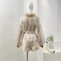Appliques 2024 Women New Collection High Quality Floral Print Lantern Sleeve Pure Silk Blouse and Belted Linen Shorts Sets 2