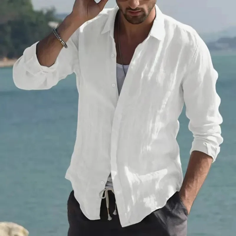 

2023 Spring Autumn Solid Men Shirt Long Sleeve Button Hawaiian Cotton Linen for Blouse Camisa Masculina Streetwear