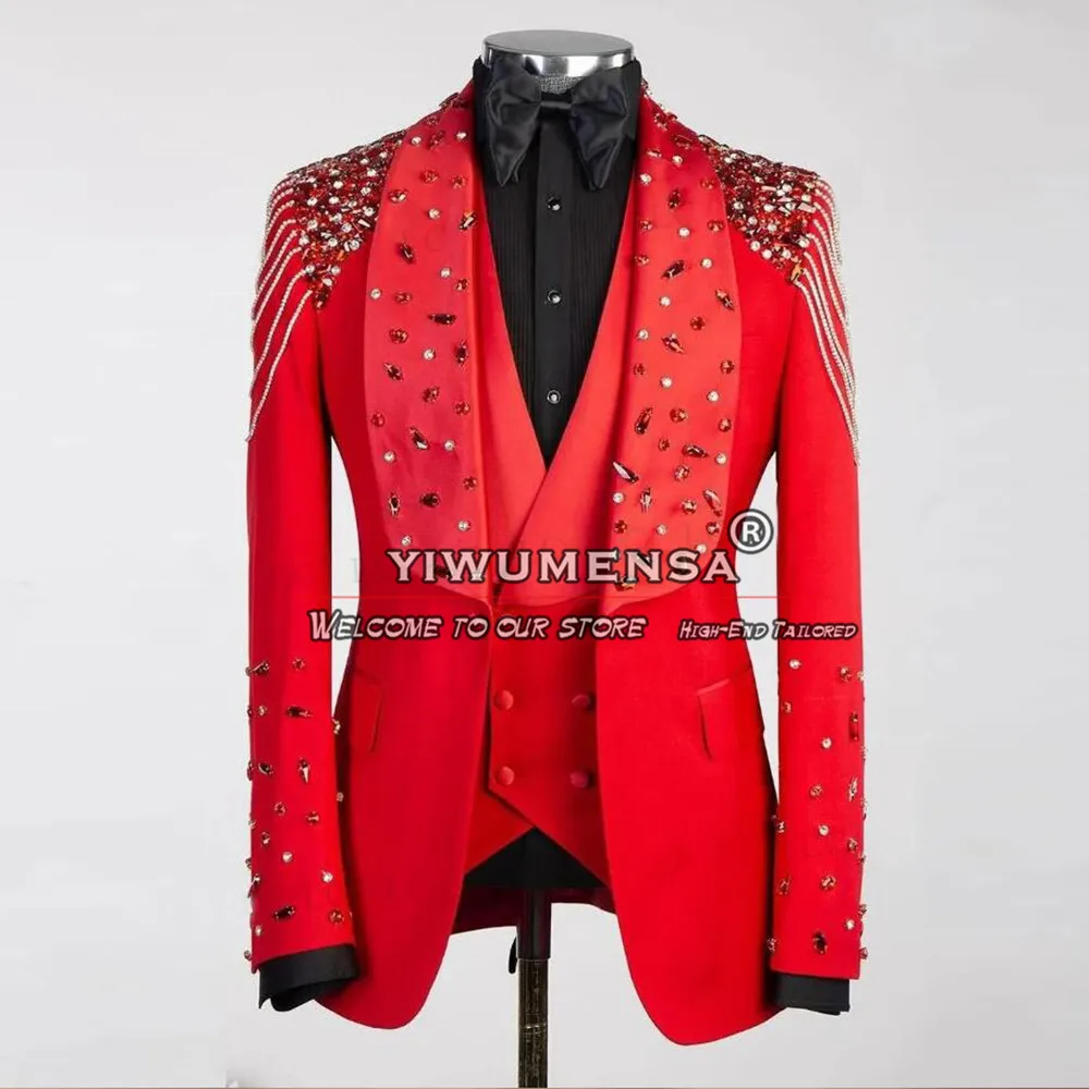 

Man Red Groom Wear Suits For Wedding Handmade Beading Prom Blazers Tailored Made Business Banquet Dinner Dress Terno Masculinos