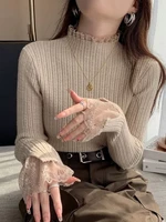 Autumn Winter Turtleneck Skinny Elastic Knitted Pullovers Women Solid Color Tops Female Long Sleeve Knit Patctwork Lace Sweater - Image 2