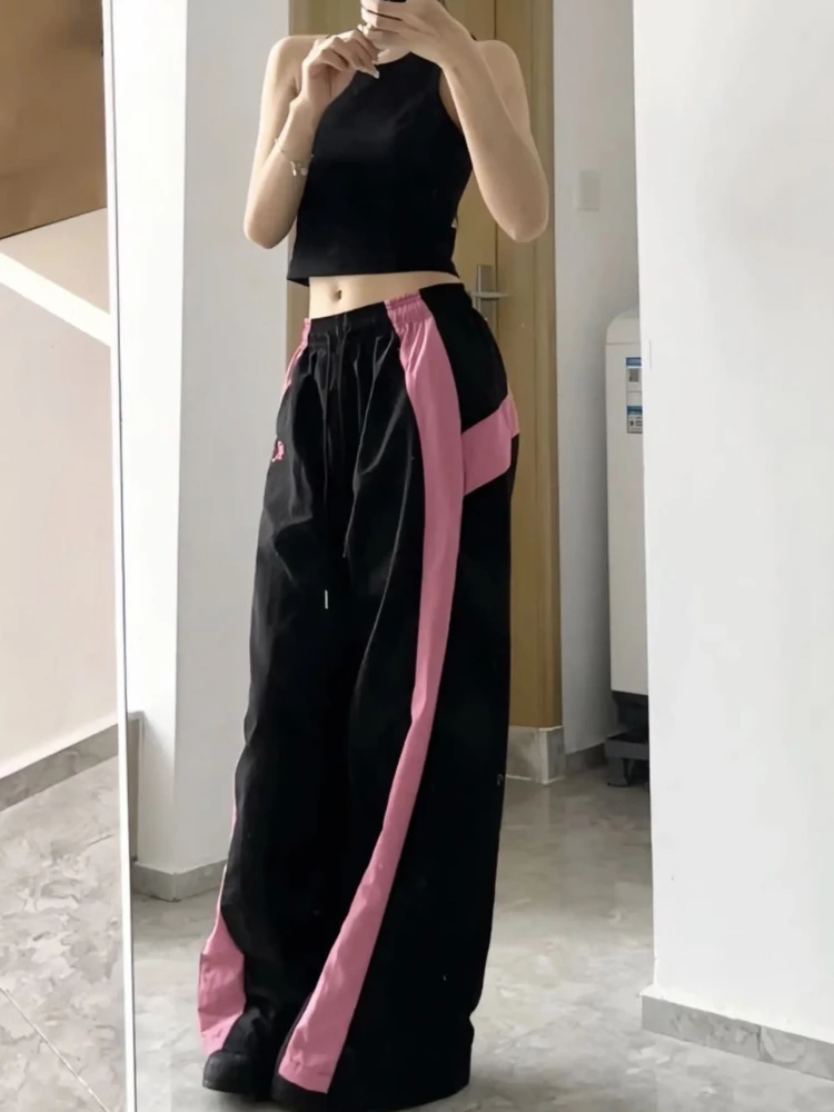 HOUZHOU Y2k Women Parachute Pants Wide Leg Hip Hop Style Pink Trousers Baggy Aesthetic Korean Streetwear Casual Oversized Pants