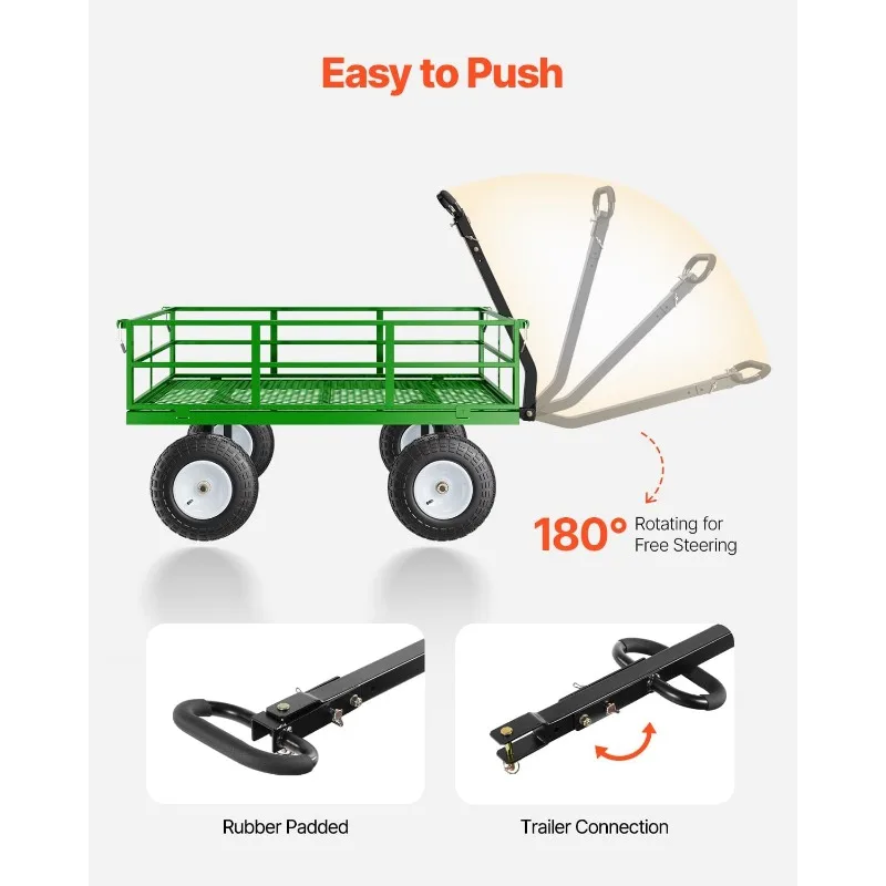 VEVOR 1200 Lbs Steel Garden Cart, Heavy Duty Pullable Garden Wagon Yard Cart, Mesh Removable Sides and 180&deg;Rotating Handle