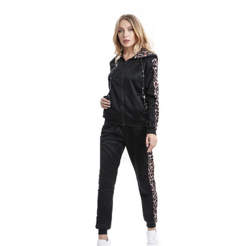 Autumn Winter Tracksuit Women Splice Fleece Leopard Print Coat With Hood Two Pieces Set Hoodies Long Pants Suit Woman Sportswear sports suit,women shirt shorts set