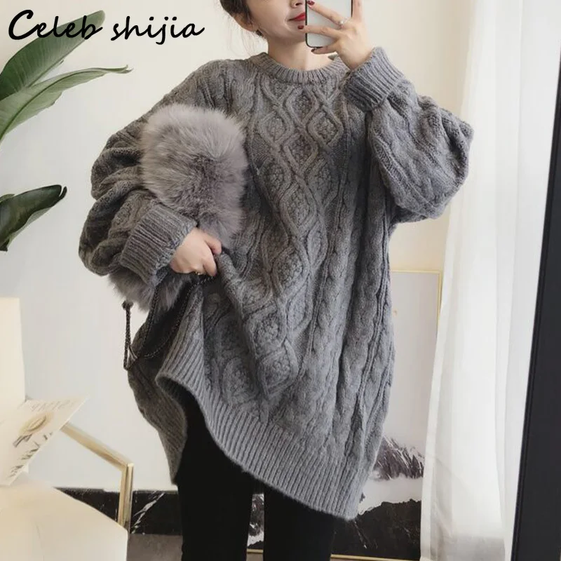 

New Autumn Thicken Long Sweater Woman O Neck Oversized Winter Knit Jumper Female Korean Streetwear Gray Argyle Pullover Chic