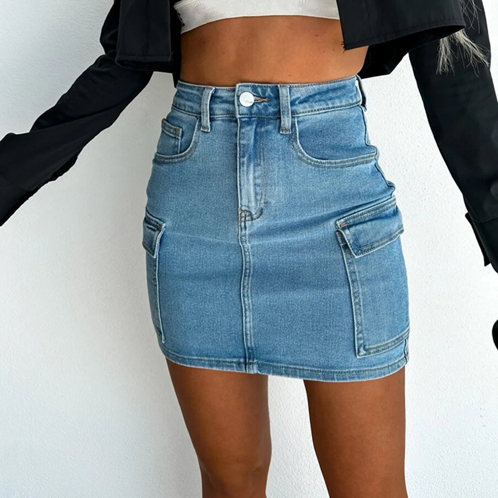 

Personalized Workwear with Pocket Denim Skirt Streetwear Woman 2023 Spring and Summer New Casual Washed Anti-Exposure Jean Skirt