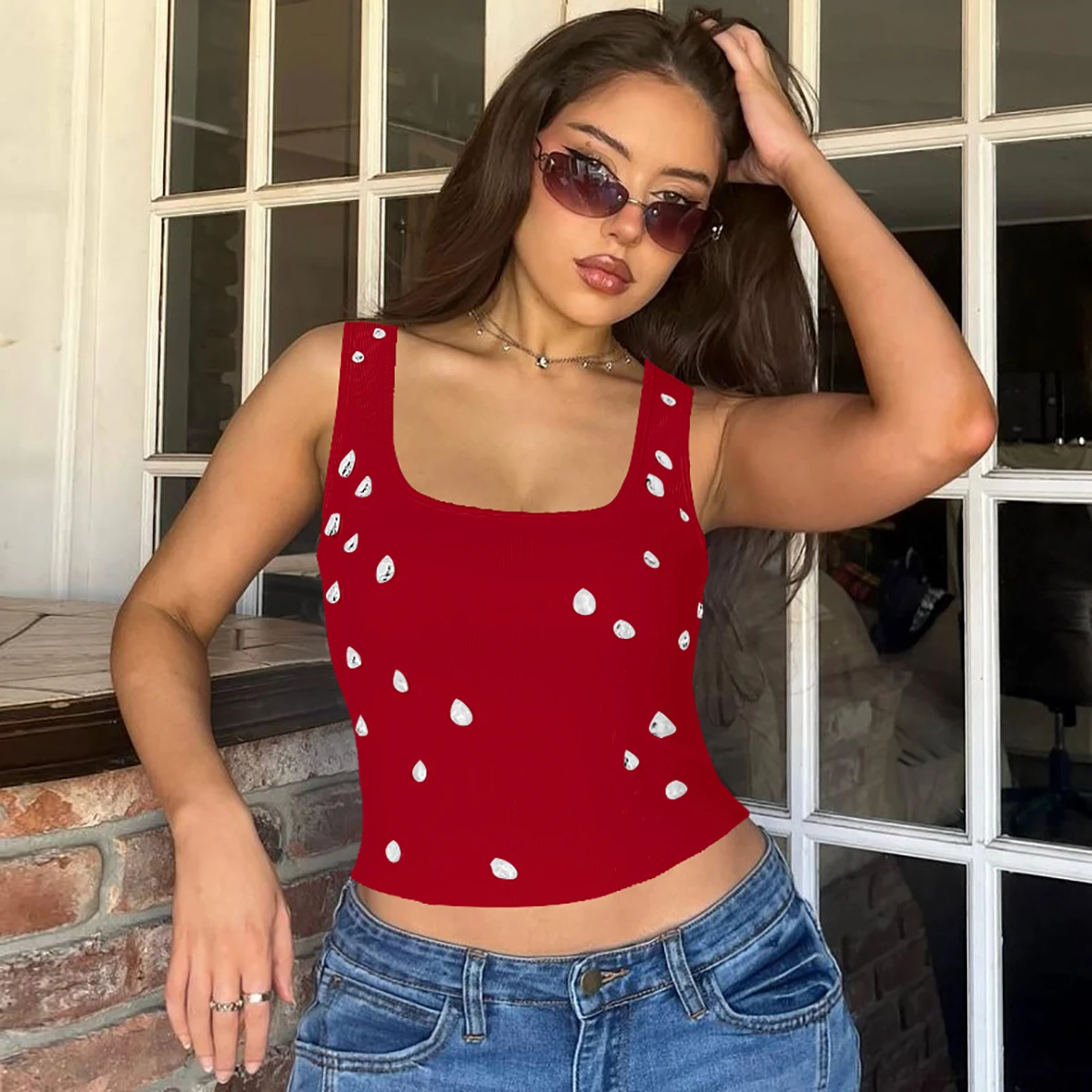 Hugcitar Mode Kristall Solide Quadrat Kragen Sexy Schlank Crop Tank Top Sommer Frühling Frauen Y2K Kleidung Streetwear Party Urlaub – Detail 29