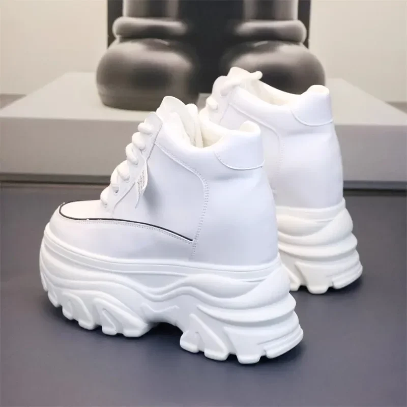 Autumn Women High Top Leather Shoes Platform Wedge Sneakers Chunky Shoes Hidden Heel 10 12 14CM White Black Women Casual Shoes 4