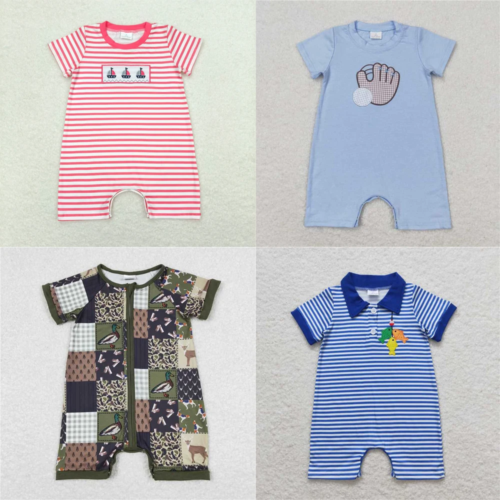 

Wholesale hot sale summer baby boys clothes rompers newborn toddler Embroidered baseball glove blue short-sleeved onesies