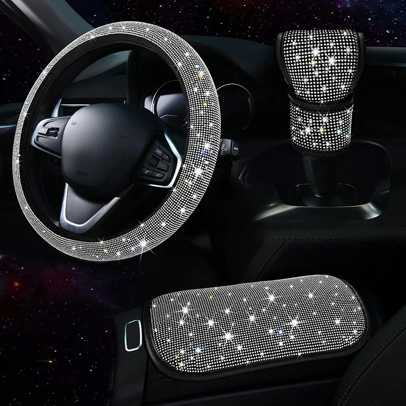 3Pcs Auto Zubehör Set für Frauen Lenkrad Abdeckung Getriebe Shift Abdeckung Armlehne Pad Matte Bling Auto Diamant Decortion Styling
