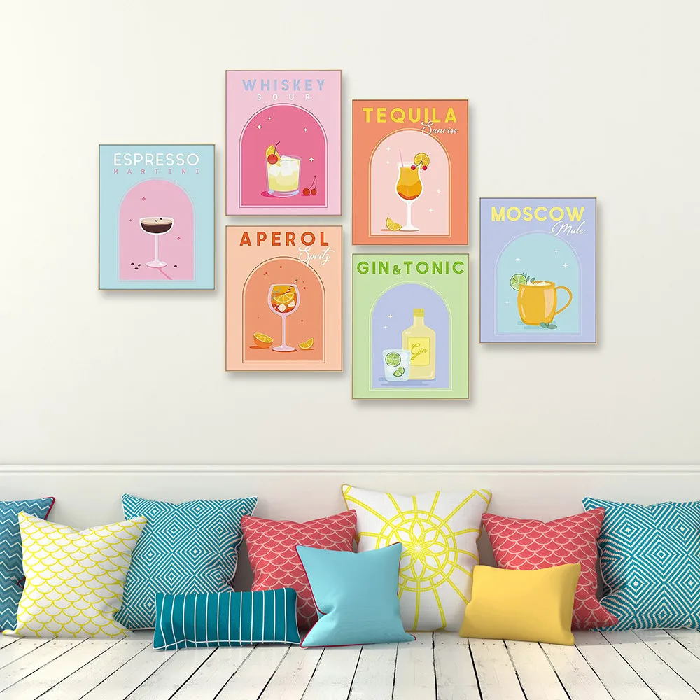 

6pcs Fashion Cocktail Canvas Wall Art Poster Modern Boho Wall Decor Canvas Painting Picture for Bedroom Living Room Decor