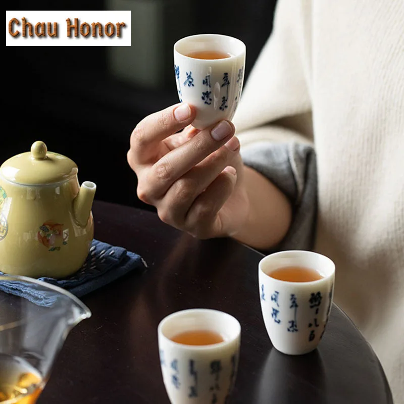 2pc/set Handwritten Poem Art Ceramic Tea Cup Japanese Personal Small Master Cup Writing Kung Fu Tea Set Smelling Cup Gifts 40ml
