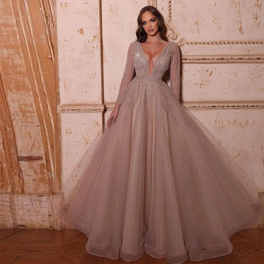 Sevintage Long Tulle Prom Dresses Long Sleeves Vneck Crystal Sequined