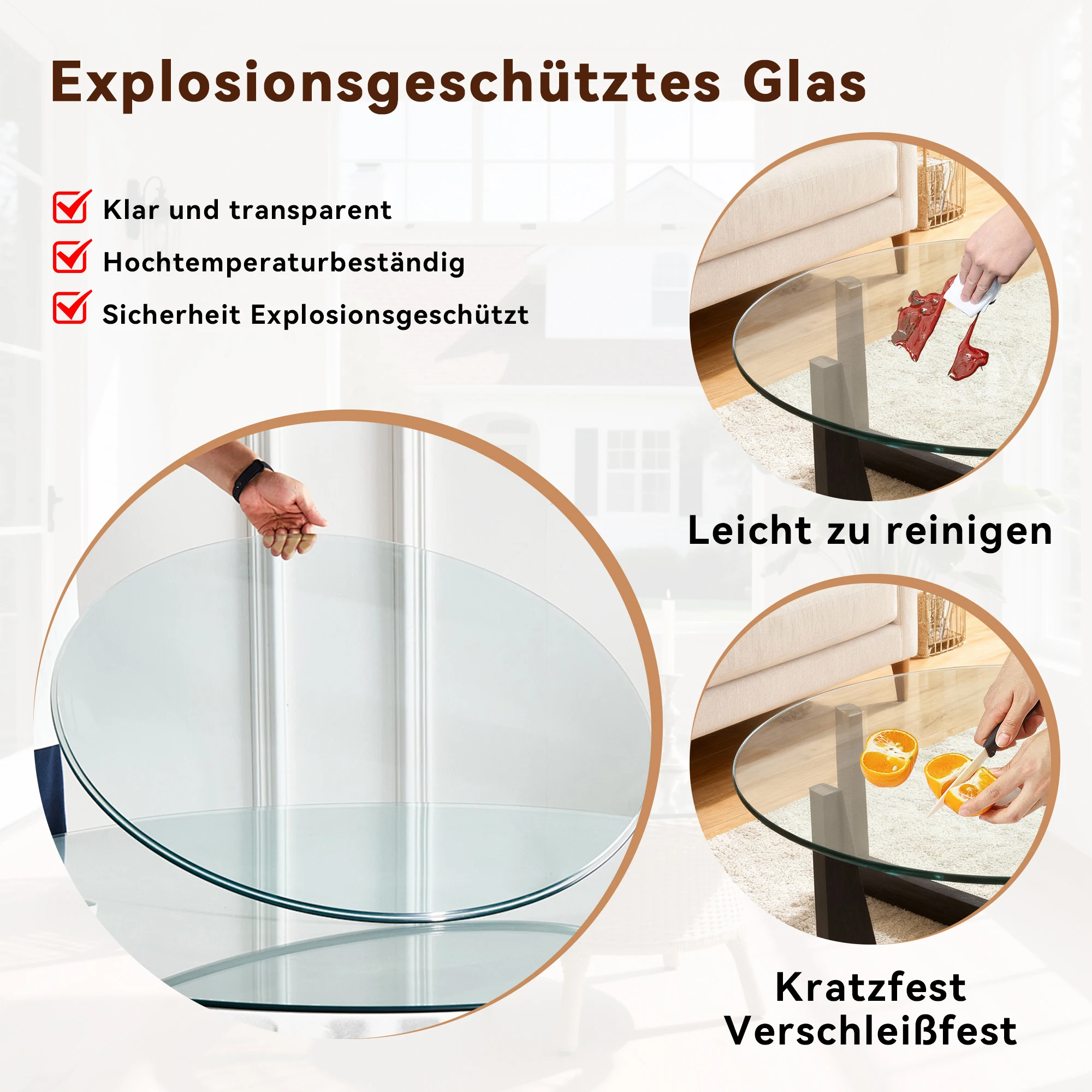 Separate runde Tischplatte aus gehärtetem Glas – 61 cm Durchmesser, 0,6 cm dick, langlebig und platzsparend. Keine Montage erforderlich. – Detail 10