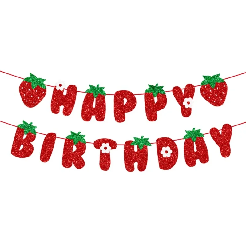 Strawberry Happy Birthday Cake Flags Strawberry Banner Cupcake Topper Fruit Kids Sweety Party Cake Baking DIY Party Decoration