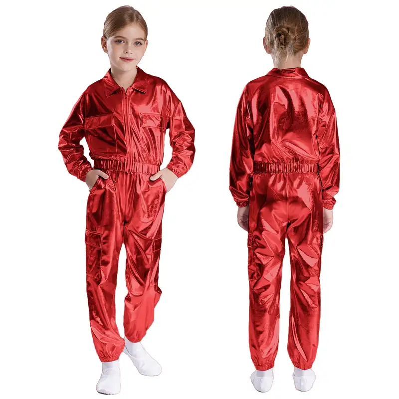 Kids Boys Girls Jazz Hip-Hop Street Dance Performance Costume Metallic Shiny Long Sleeve Athletic Jacket Coat with Pants Outfits - Image 11