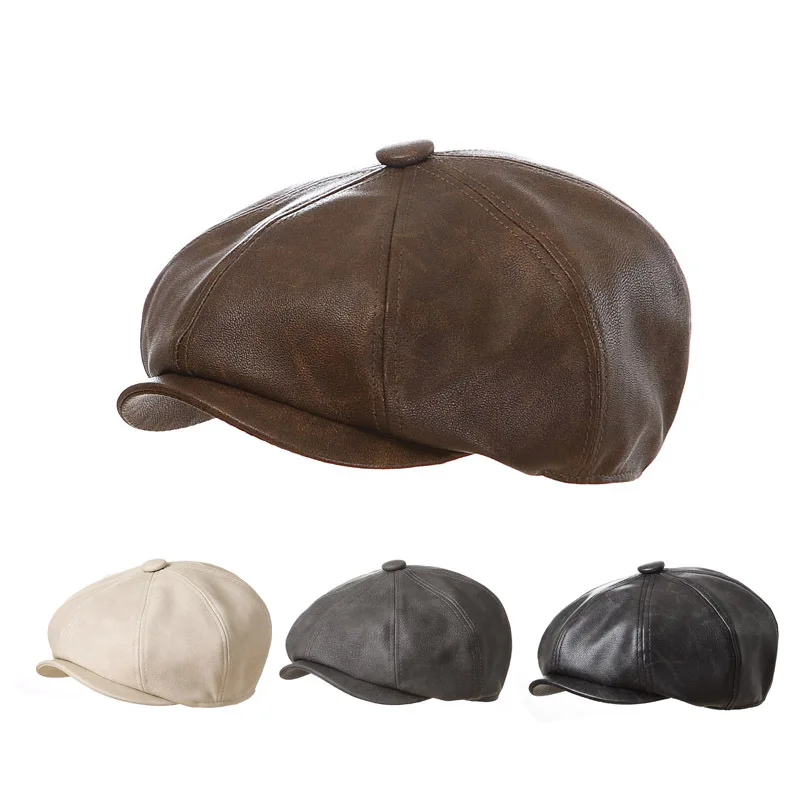 

PU Leather Newsboy Hat for Baby Solid Color Children's Beret Hats Retro Octagonal Cap Boys Girls Autumn Winter Accessories Korea