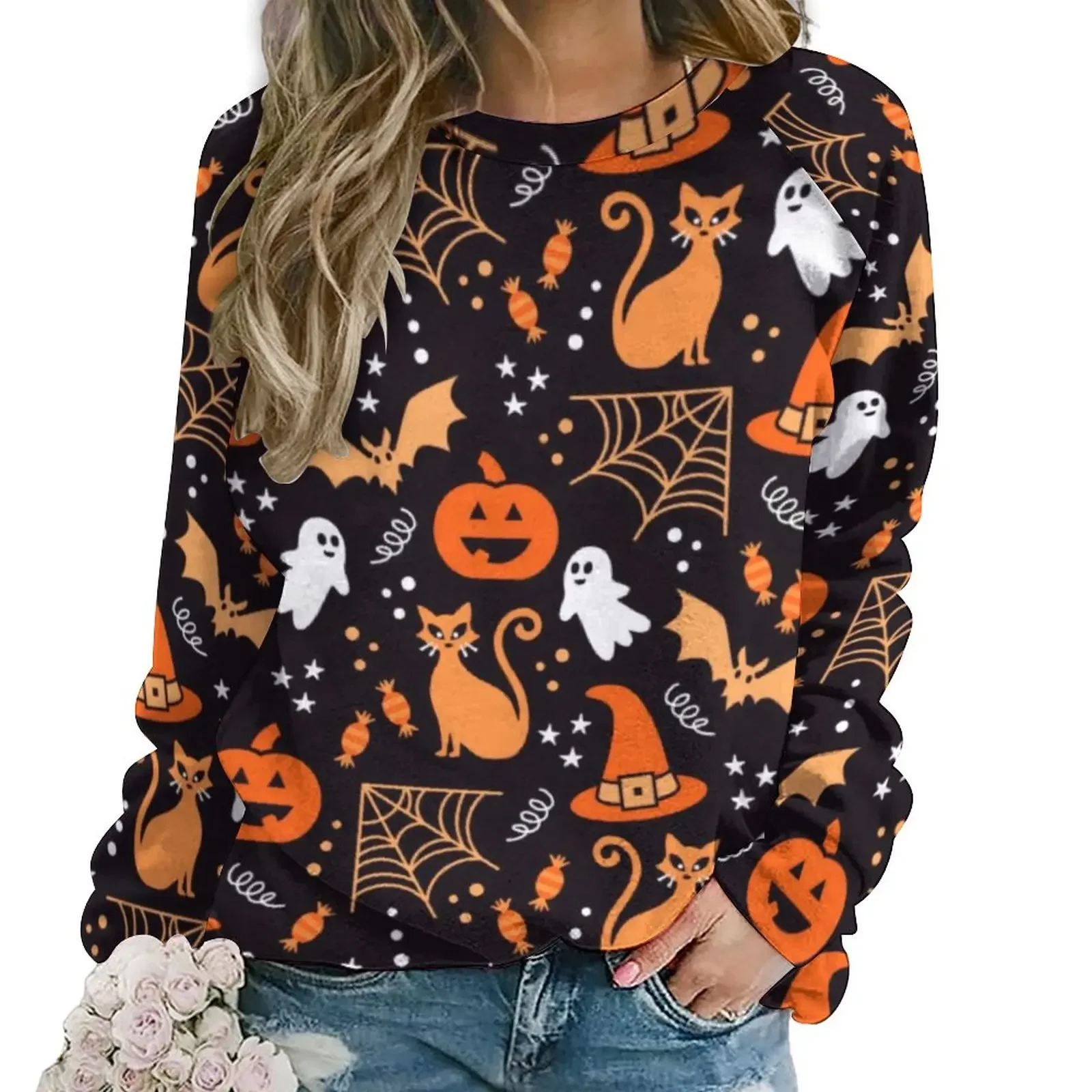 

Spooky Halloween Casual Hoodies Autumn Skull And Pumpkins Retro Hoodie Woman Long-Sleeve Oversized Hip Hop Graphic Sweatshirts