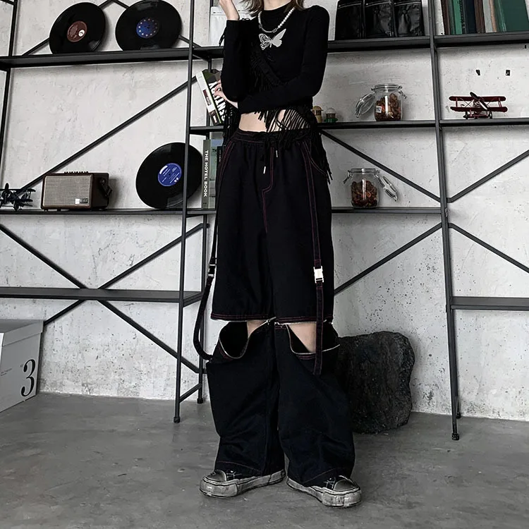 leather pants White Cargo Pants Women Emo Streetwear Black Wide Leg Trousers Baggy Grunge Punk Pockets Hippie Hollow Out Loose women's fashion