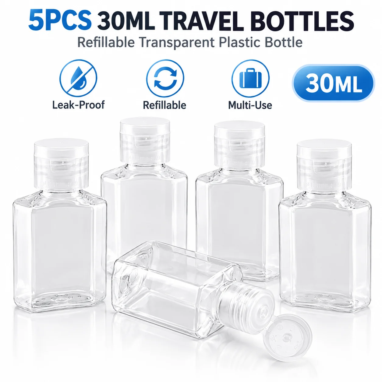 Set of 5 Refillable 30ml Transparent Travel Bottles - Multi-use Empty Plastic Containers for Cosmetics and Shampoo
