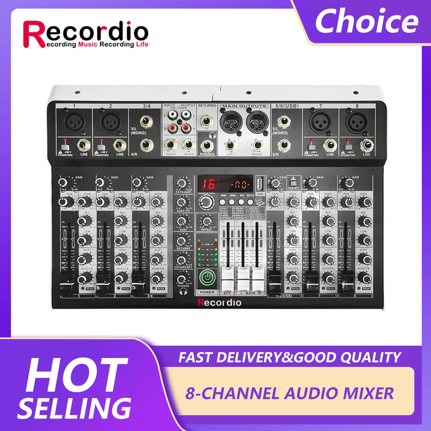 8 Channel Audio Mixer 16 Digital Reverb Effects Three Band Equalizer Mixing Console USB +48V Phantom Power