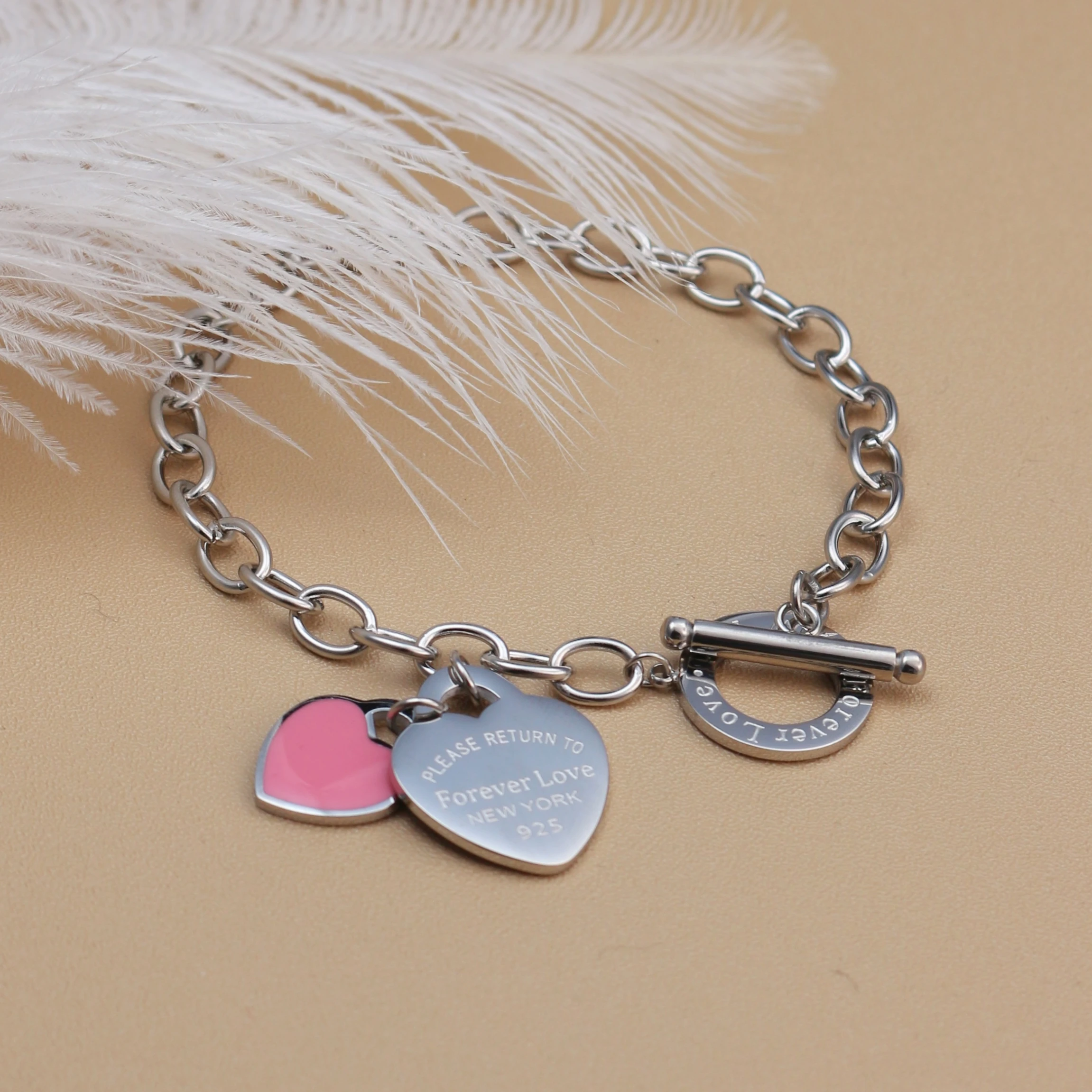 074Fashion Stainless Steel Gold Color Bracelet Double Heart Pendant Design FOREVER LOVE Women's Jewellery Bangle Wholesale Gifts 2
