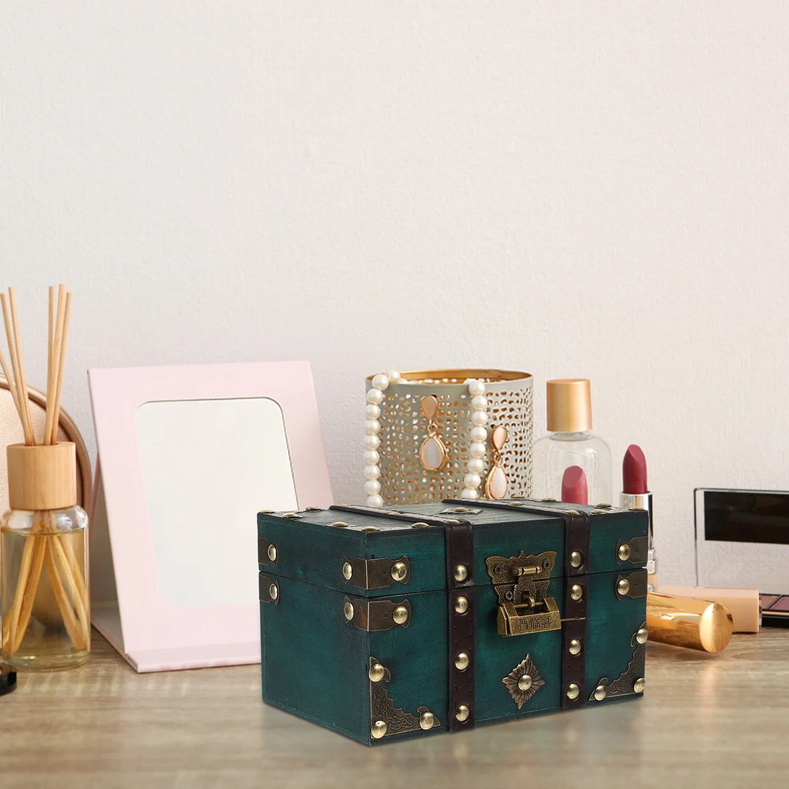 

Treasure Chest Wood Coin Bank Piggy Wooden Jewelry Storage Case Organizer Container