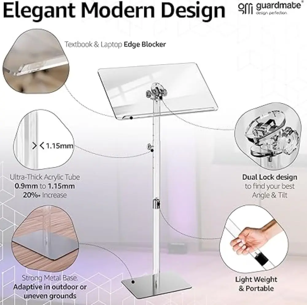 Acrylic Podium Lectern Stand Height Adjustable Ultra Clear Light Weight Portable Church Pulpit 360&deg; Angle Tilt Laptop Music
