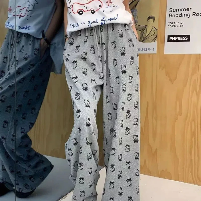 Preppy Style Summer Women's 2024 New Spliced Pocket Printed Drawstring Fashion Loose Comfortable Casual All-match Wide Leg Pants