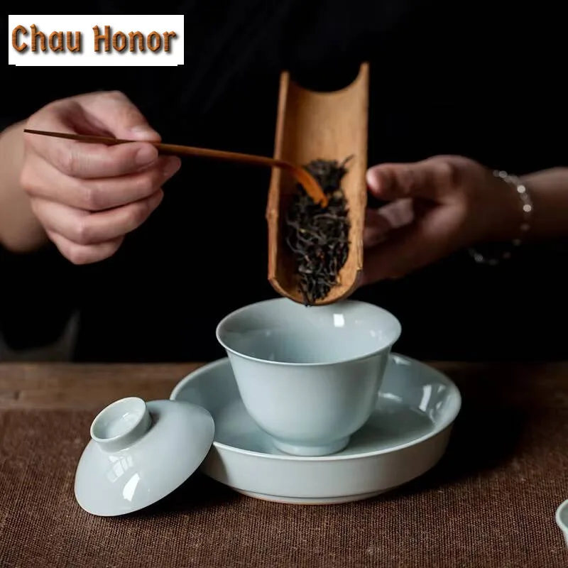 150ml Antique Misty Blue Glazed Porcelain Hand Grab Gaiwan Boutique Tea Tureen Tea Maker Cover Bowl Tea Services Supplies Gift