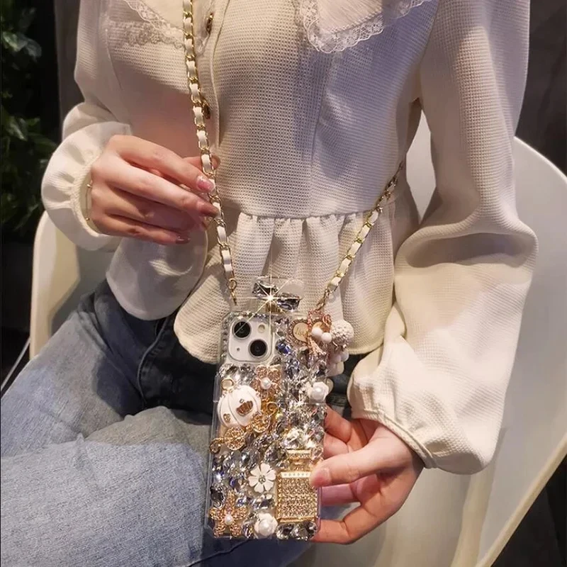 Rhinestone Perfume Bottle Shape Phone Cover with Crystal Pumpkin Pattern, Crossbody, For iPhone 15, 14 Pro Max, XR, XS