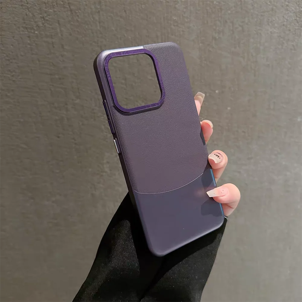 Luxury Double Color Plain Leather Matte Phone Case with Metal Lens Protection and Hybrid Shockproof Design