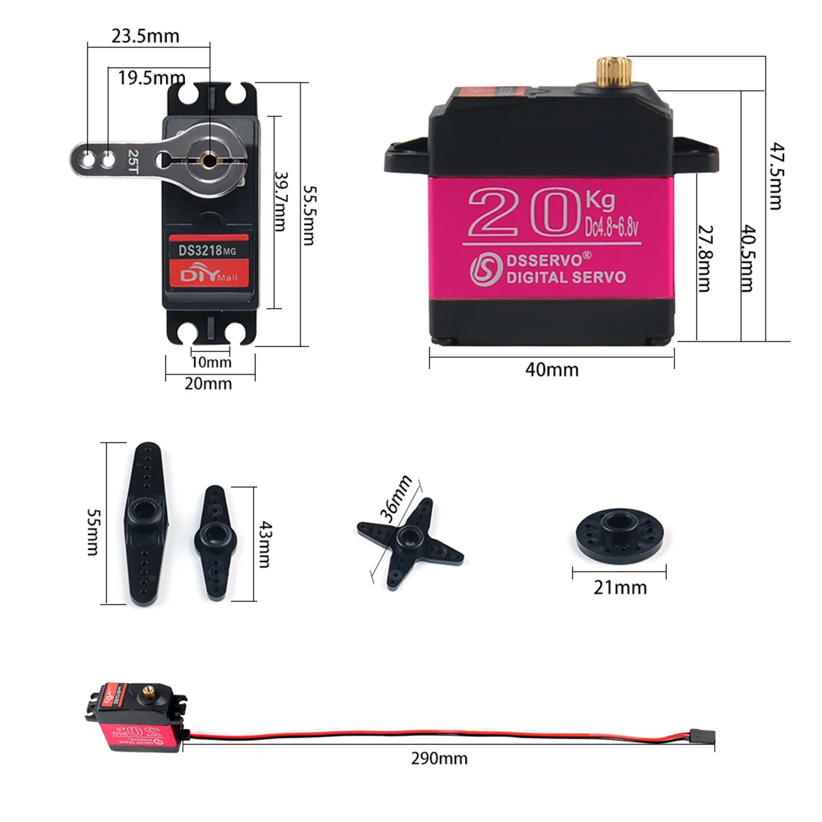 Servo RC 20KG PRO 270° Tandem Metall Væskefast DS3218