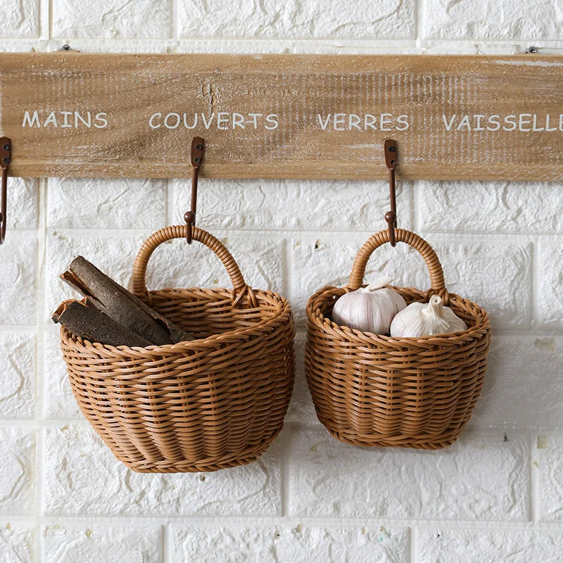 Wall Mounted Storage Basket Fruit Sundries Basket Simulated Rattan Decorative Hanging Basket Flower Pot with Handle Home Decor 3