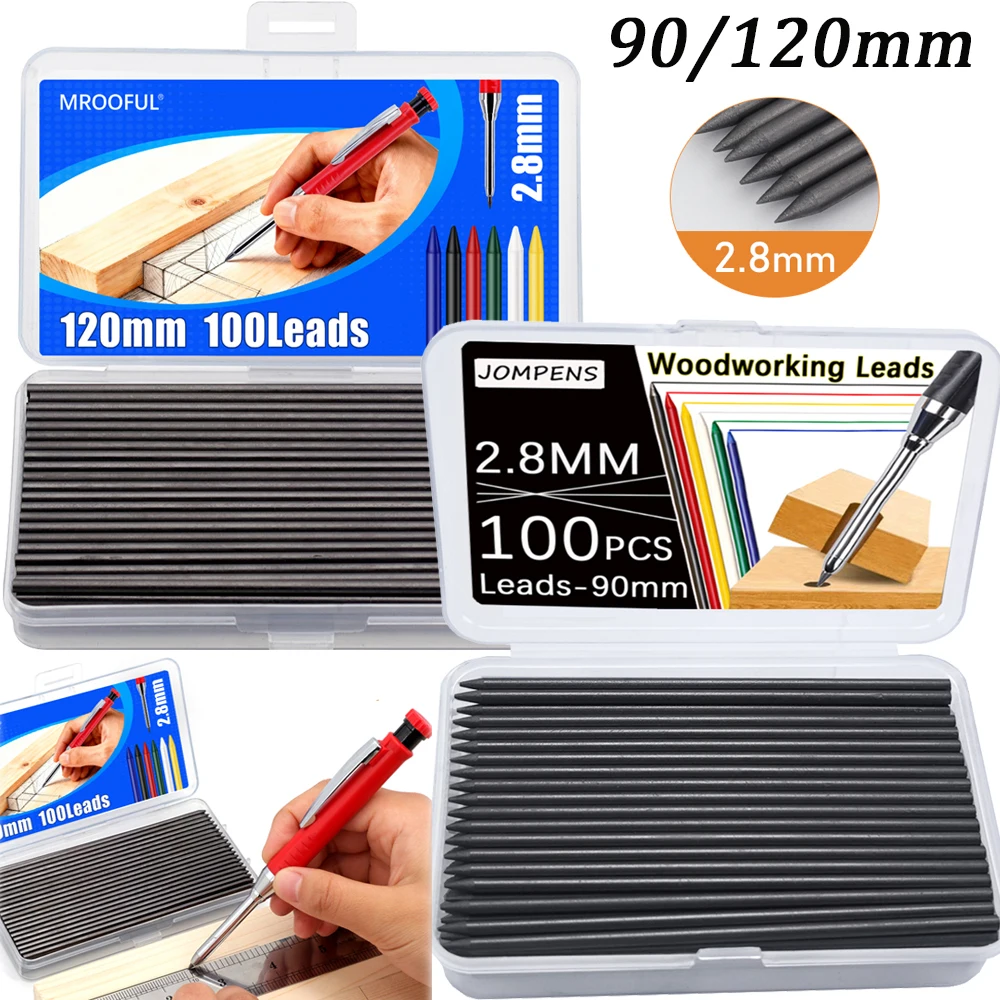 100Pcs 90/120mm 검정색 목공 기계식 연필심 리필, 2.8mm 교체 가능한 심 - 건축가용 마킹 도구 액세서리