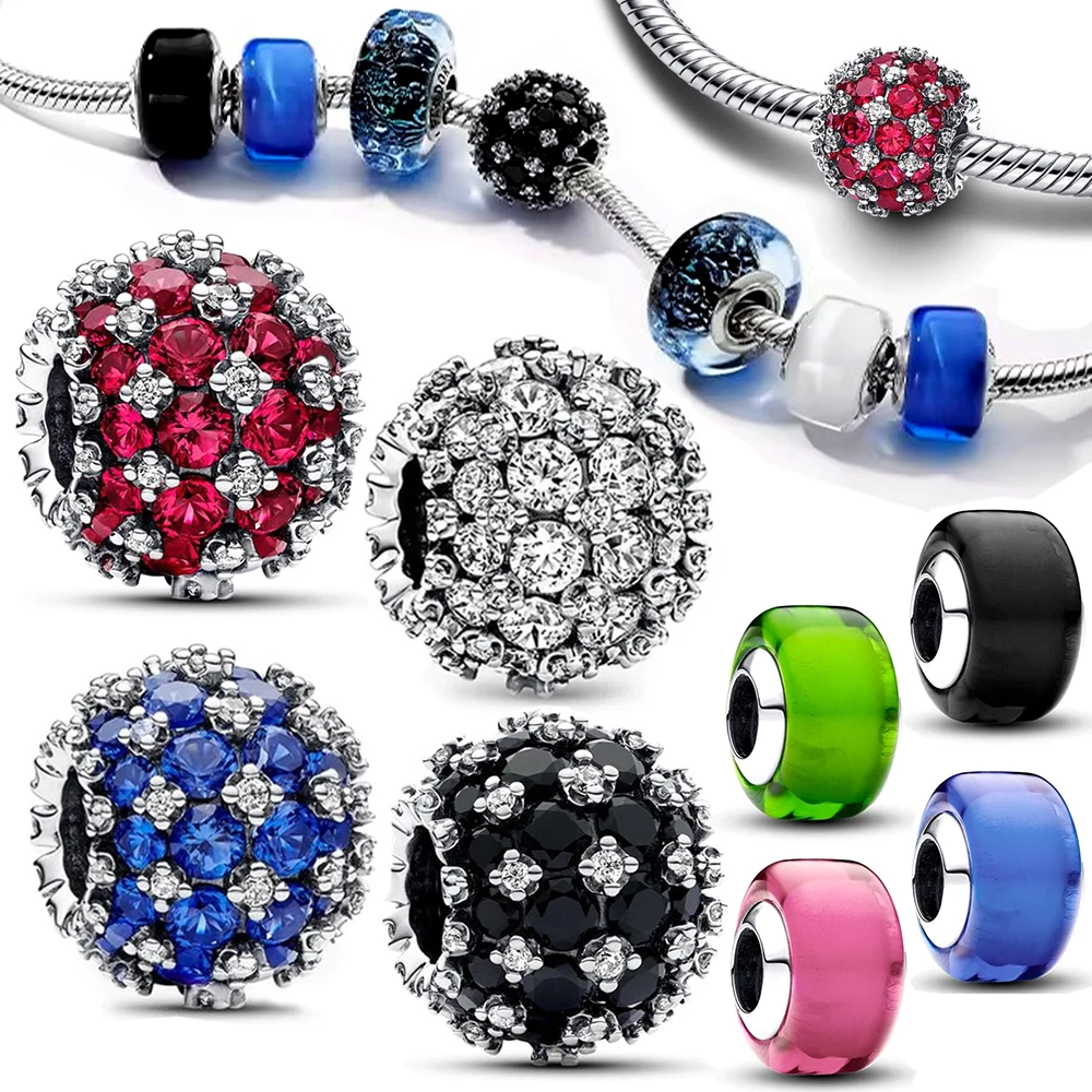

Sterling Silver 925 Beads Sparkling Pavé Round Blue Charm Beads Fit Original Pandora Bracelet DIY Women Jewelry Gift