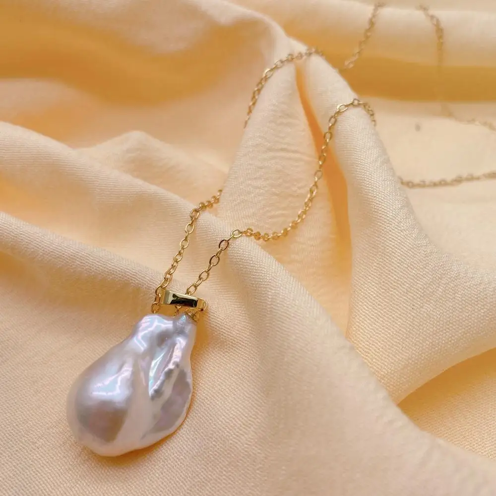 YYGEM 15x23mm Cultured White Baroque Pearl Gold Plated Chain Choker Necklace Women Jewelry