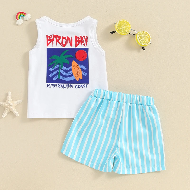 

Toddler Boys Summer Outfits Beach Style Tree Letter Print Round Neck Sleeveless Tank Tops and Stripe Shorts 2Pcs Clothes Set