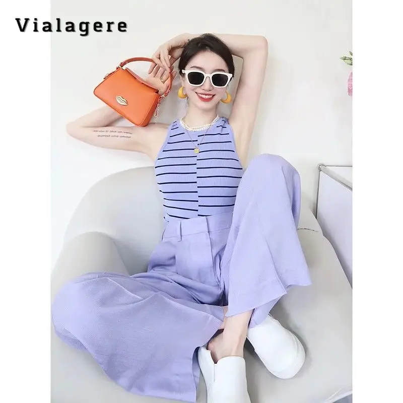 

Korean Fashion Casual High Street Two-piece Set Women Sleeveless Striped Vest + Wide Leg Trousers Sets Purple Pants Suits
