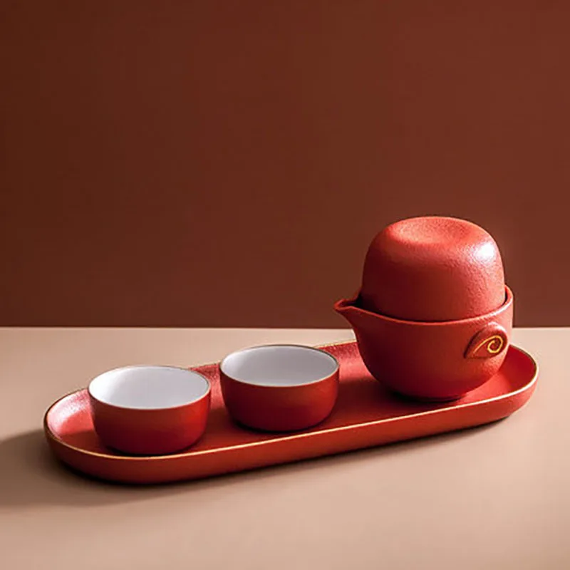 Portable Travel Red Chinese Tea Set, Porcelain Ceramics Teapot and Cups, Gaiwan with Tray, Traditional Wedding Ceremony Set