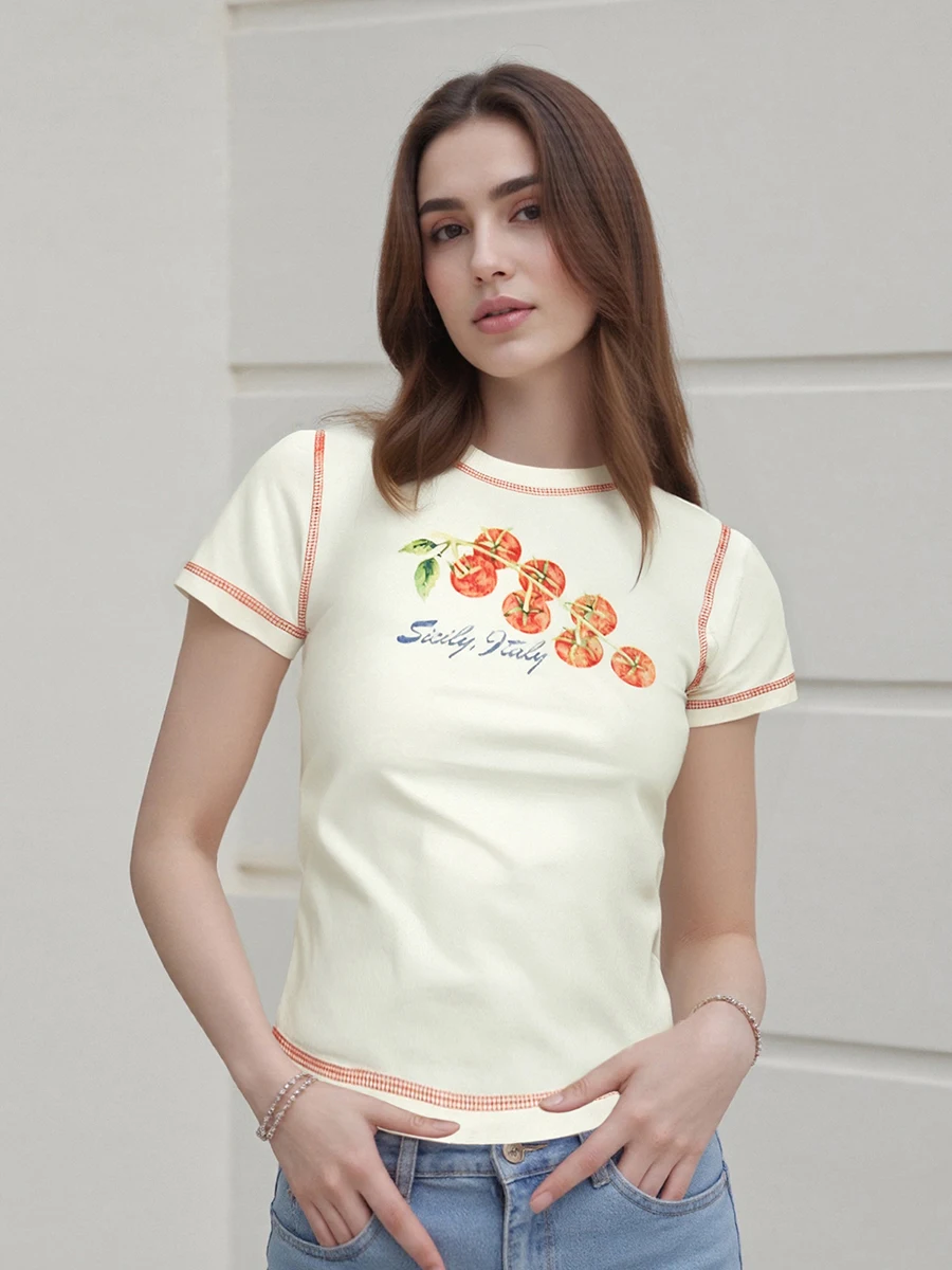 Women s Short Sleeve T-Shirt with Cute Watermelon Print Round Neck Summer Tee  Fit Casual Top for Streetwear Fashionistas
