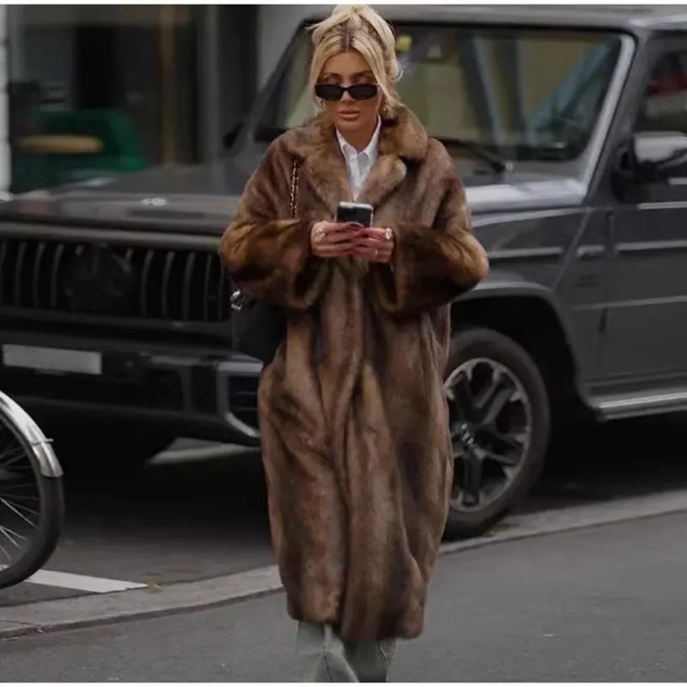 Women Thick Faux Fur Jacket Long Coat Warm Full Sleeve Elegant Jackets Casual V Neck Outerwear Coats Winter High Street