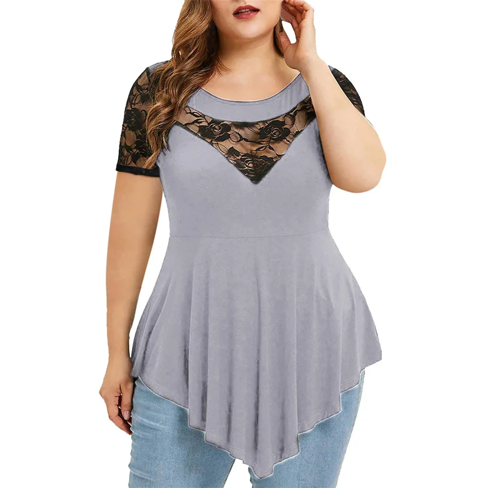 

Women Plus Size Peplum Short Sleeve High Low Lace Floral Tee Shirt Tunic Women Round neck Large Size Hollow Out Tops And Blouse
