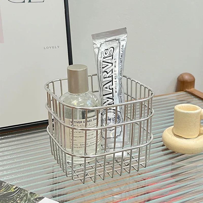 New Simple Stainless Steel Storage Basket Desktop Decoration Miscellaneous Storage Basket Cosmetics Sorting Basket Storage Box
