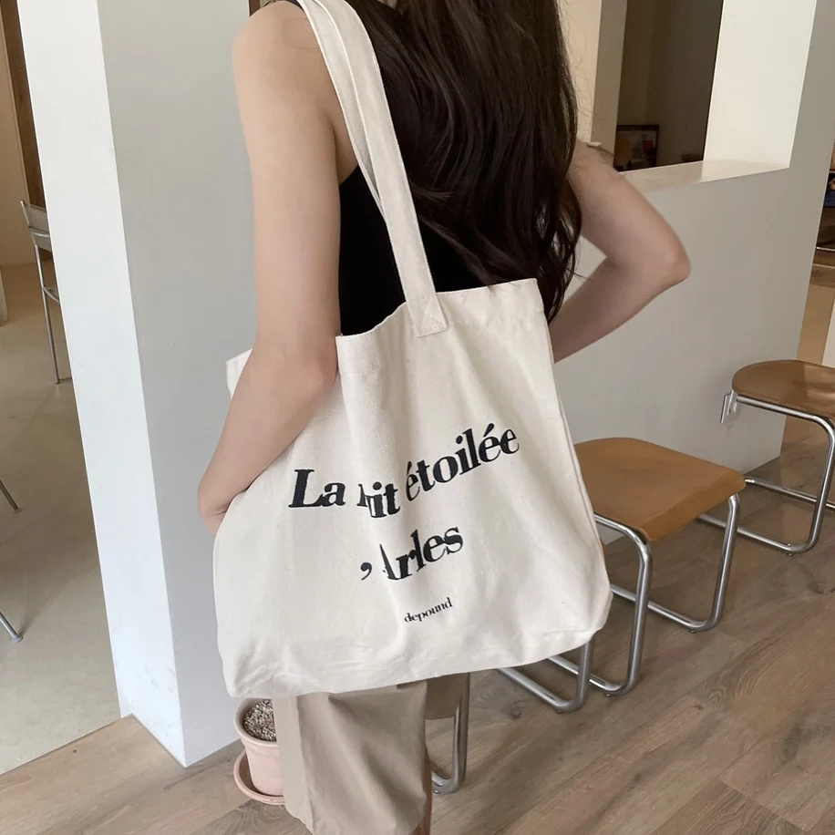 

Homemade French niche simple dep letter printed all-shoulder hand canvas bag large capacity cloth bag bag