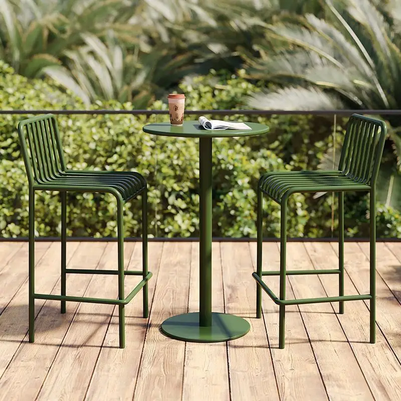 Modern Outdoor Creative High-Leg Sturdy Bar Table and Chair Set Iron Milk Tea Shop Cafe Balcony Villa Courtyard Patio Leisure
