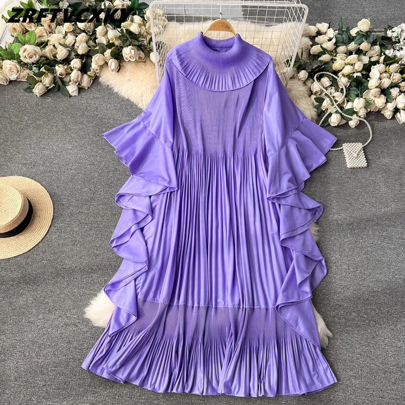 

Designer Miyake Solid Draped Pleated Dress For Women Batwing Sleeve Oversized Dress Spring Loose Long Irregular Female Clothing