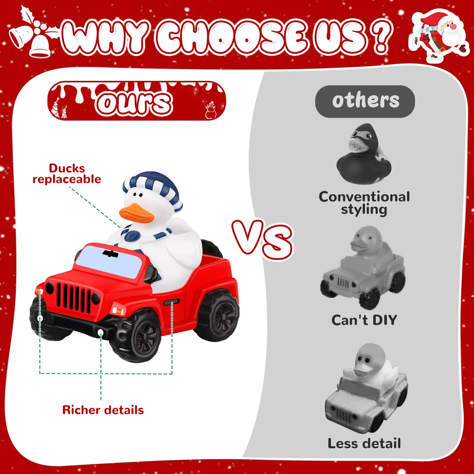 24 Pcs Christmas Jeep Ducks Rubber Ducks, 3.5 Inch Jeep Ducks for Ducking, Jeeps Suitable for 2 Inch Ducks, 12 Christmas Rubber 3