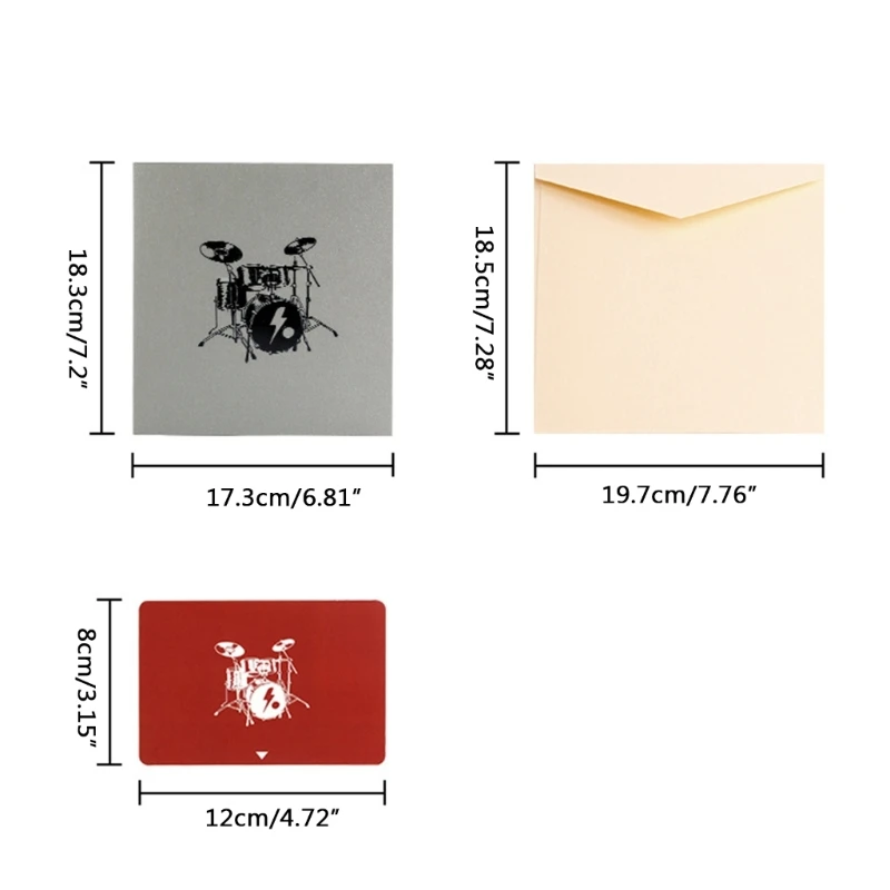 3D Instrument Drum Greeting Card with Envelope Surprise Mysterious Paper Cards for Children Kids Girl Boy