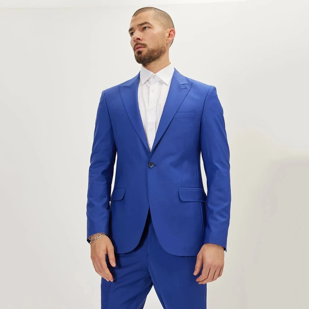 

Royal Blue Slim Fit Men Suits Peak Lapel Formal 2 Pieces Groomsmen Bridegroom Wedding Tuxedos Blazer Pants Costume Homme