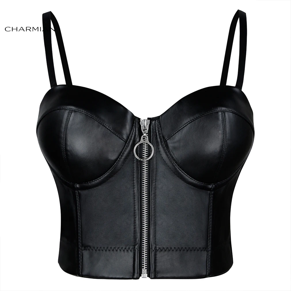 Charmian Leather Bra Top Women's Sexy Punk Spaghetti Straps Zipper Bustier Corset Crop Bra Tube Top Plus Size Clubwear Black